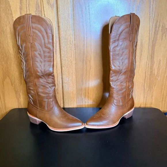 ISNOM Sz 7.5 Women's Brown Faux Leather Tall Cowboy Boots Western NIB - Picture 7 of 9